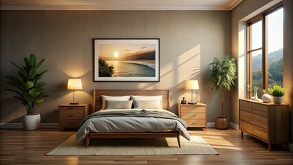 Fototapeta premium Moody low-light captures a minimalist bedroom: wooden dresser, large artwork, crisp white bedding.