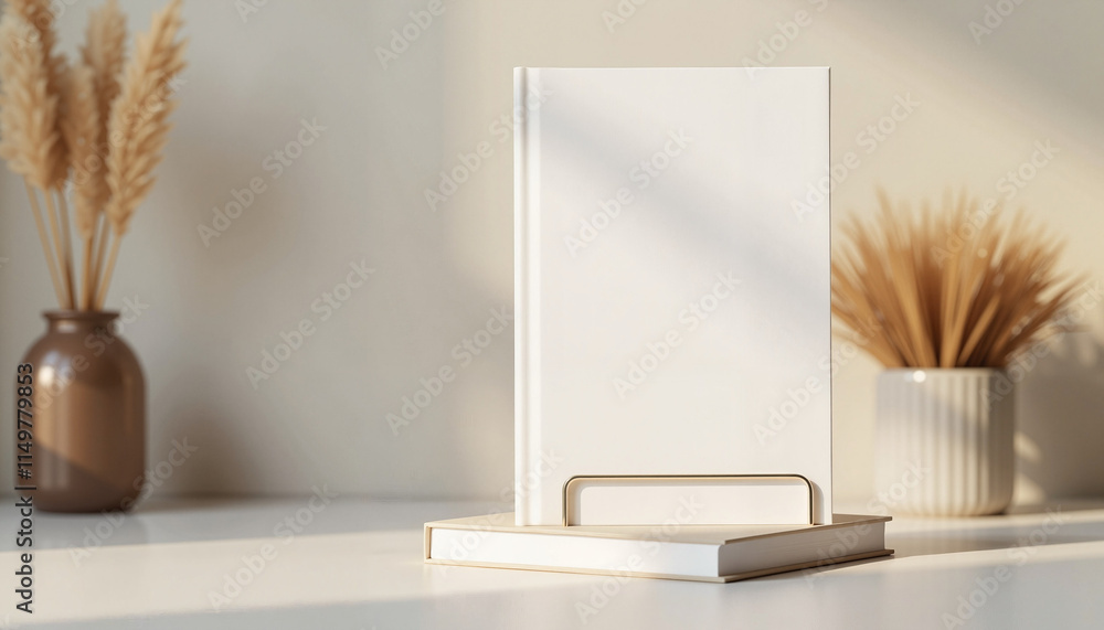 Poster minimalist design showcases a blank book on a serene table with elegant vases and soft natural light