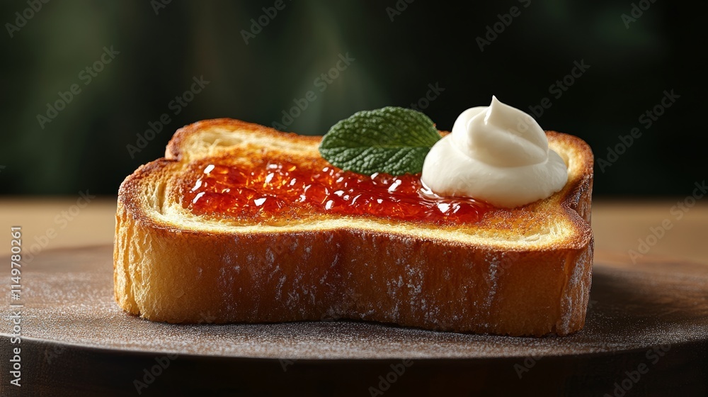 Poster slice of toast with jam and whipped cream on top