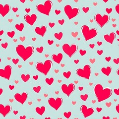Sweet Love Pattern: A cheerful and romantic seamless pattern featuring scattered pink and red hearts on a light blue background. Perfect for adding a touch of love to your designs. 