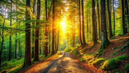 Naklejka premium A scenic downhill walk on a nature trail, sunlight filtering through autumn woods.