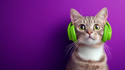 Obraz premium Cat wearing headphones is staring at the camera