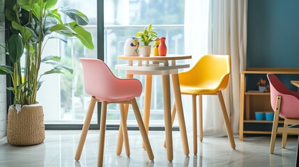 A small, colorful table and chairs in a modern living room.