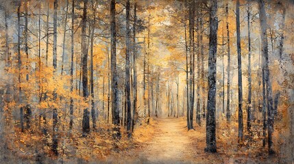 Obraz premium Enchanting Autumnal Forest Path Bathed in Warm Sunlight and Vibrant Fall Foliage