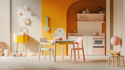 A brightly colored playroom with a toy kitchen and a table and chairs.