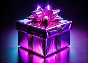 A vibrant purple neon gift, adorned with a bow, glows intensely against a pure black backdrop; a conceptual image of radiant gifting.