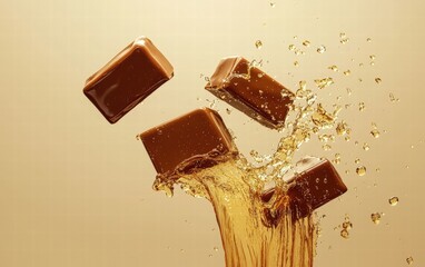 Levitating chocolate bars with golden caramel flowing gracefully