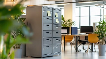 A tall, metal filing cabinet with locking drawers, placed in a shared office space.