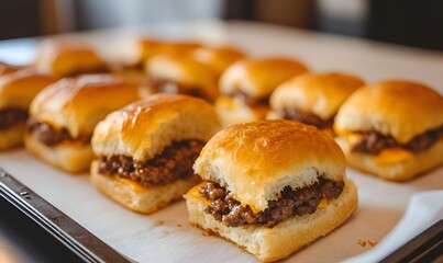  Cheeseburger Slider with Hawaiian Rolls just taken out of the oven, Generative AI 