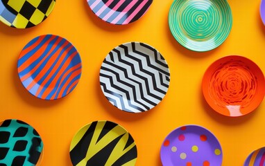 Levitating colorful dinner plates with bold patterns on a bright background