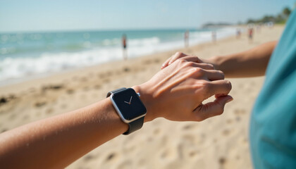 Hands interact with smartwatch at a sunny beach while waves lap against the shoreline in a moment of relaxation