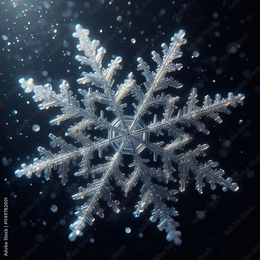 Poster a highly detailed snowflake captured in sharp focus, showcasing intricate ice formations. the crysta