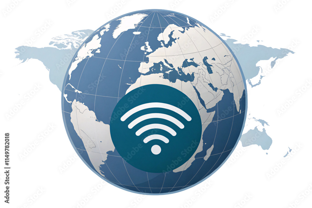 Poster a 3d globe overlaid with a wireless network symbol, illustrating global connectivity and the integra