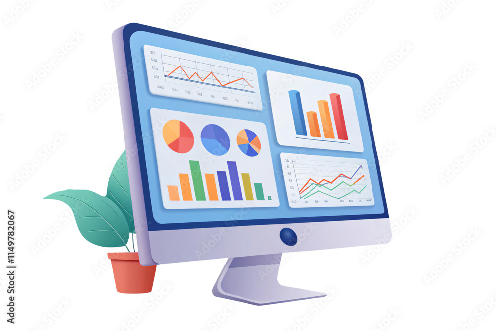 Poster a 3d monitor displaying colorful graphs and charts, surrounded by a small potted plant, representing