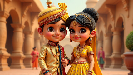 Traditional Elegance: 3D Caricature of a Couple in Ornate Indian Attire Featuring a Yellow and Blue Lehenga