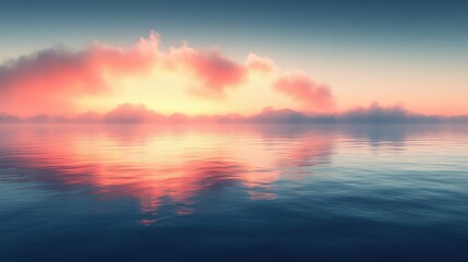 Fototapeta premium Serene sunset over calm water, reflecting vibrant colors in the sky and clouds.