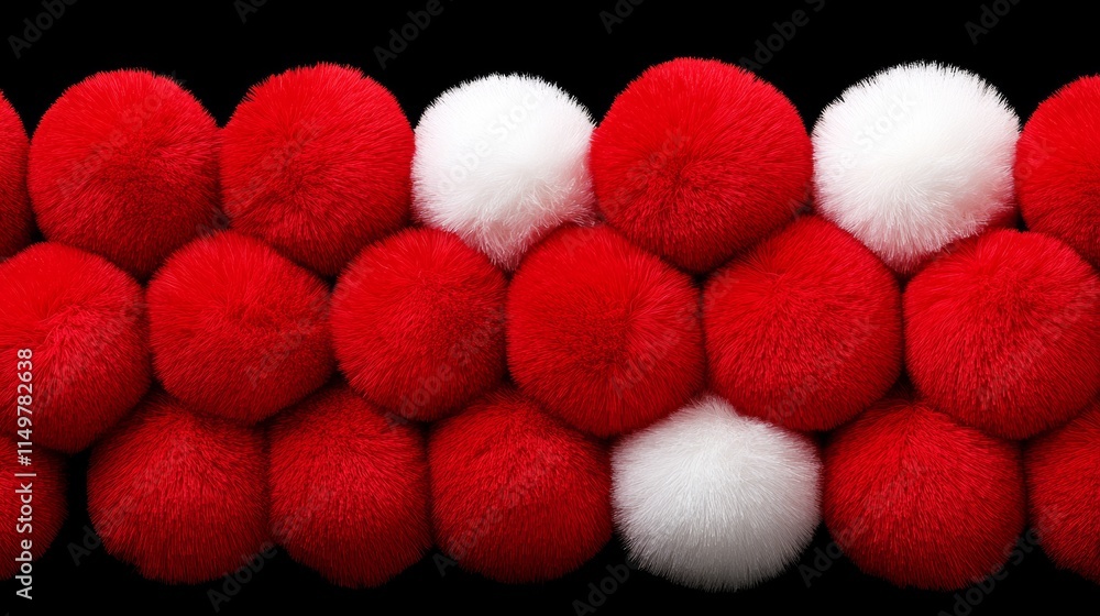 Poster row of red and white pom poms are arranged in a row. the pom poms are fluffy and have a soft texture