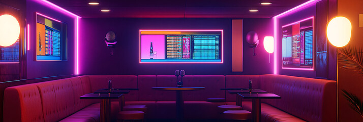 Obraz premium A cozy corner in the karaoke room, featuring plush seating, a modern microphone setup, and digital song selection screens, with soft neon lighting reflecting off the walls. 