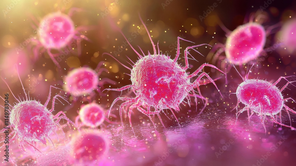 Poster colorful microscopic view of cells with spikes on a soft background.