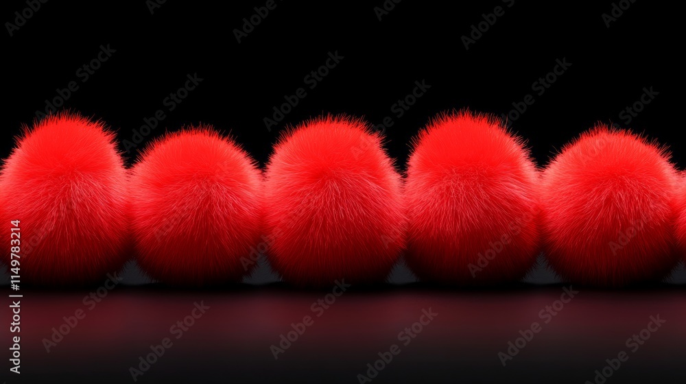 Poster row of fuzzy red balls are lined up on a black background. the balls are all the same size and color