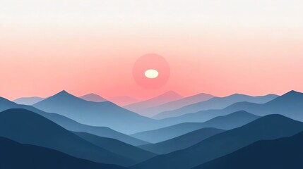 A minimalist mountain range with a large white sun in the background.