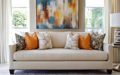 Luxurious cream-colored sofa in a bright and airy interior with neutral tones and abstract artwork