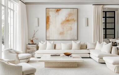 Luxurious cream-colored sofa in a bright and airy interior with neutral tones and abstract artwork