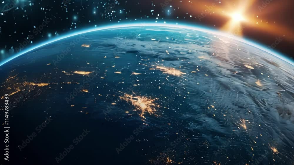 Poster planet earth is rotating in space showing big data connections between cities and sunrise illuminati