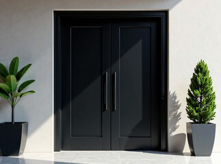 Isolated modern elegant black double doors, sleek contemporary interior doors, symmetrical stylish architecture