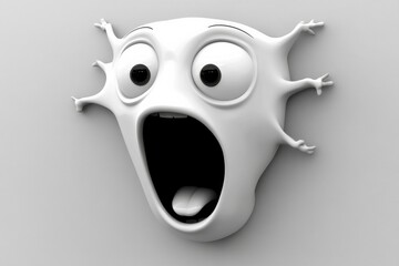 Cartoon face with big eyes and an open mouth. The face is white and has a creepy look