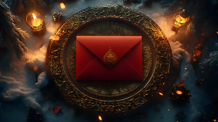 Fototapeta premium Red Envelope on Ornate Tray 3D Illustration