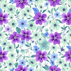 Floral Fantasy Seamless Pattern: A captivating design featuring an array of delicate purple and light blue flowers, intricately arranged to create a beautiful and harmonious floral pattern.