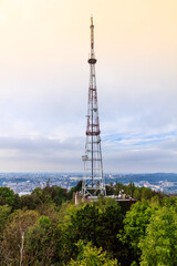 A tall tower with a red top stands in the middle of a forest