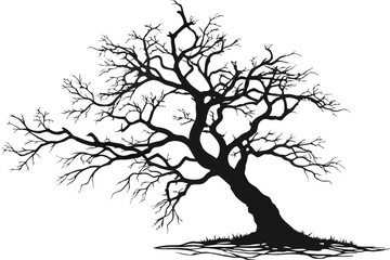 Fototapeta premium A detailed black-and-white artistic tree, slightly tilted, with sprawling branches and intricate textures, showcasing organic growth and symmetry, isolated on a transparent background