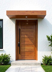 Modern entrance, simple wooden front door, simple white house facade with brown natural wood door