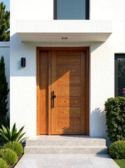 Modern entrance, simple wooden front door, simple white house facade with brown natural wood door