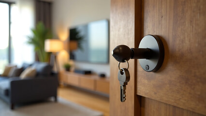 Obraz premium Closeup view of modern door with key open in modern living room