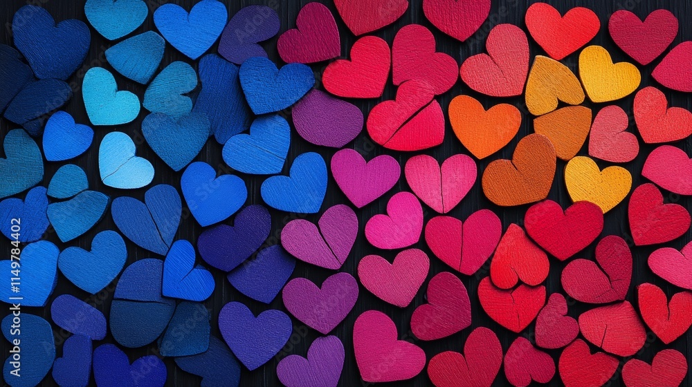Poster Colorful array of hearts are arranged in a pattern on a black background. The hearts are of various sizes and colors, creating a vibrant and cheerful scene