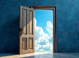 Open door to the blue cloudy sky symbolism of Heaven Door. Door into another world or new life