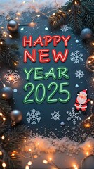 Merry Christmas and Happy New Year 2025 greeting card with fir tree, winter decoration, and snow