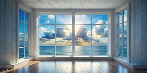 Fototapeta premium Dramatic coastal light bathes a white room, wooden interiors framing a breathtaking ocean view.