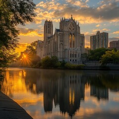 Obraz premium riverside church, with soft morning light illuminating its stone facade. The still river glows with golden reflections from the sky