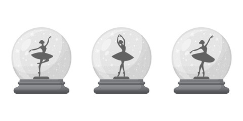 Snow globe set with ballet dancers flat illustration isolated on transparent background