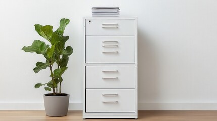 A white filing cabinet with clean lines and modern aesthetics, perfect for a home office.