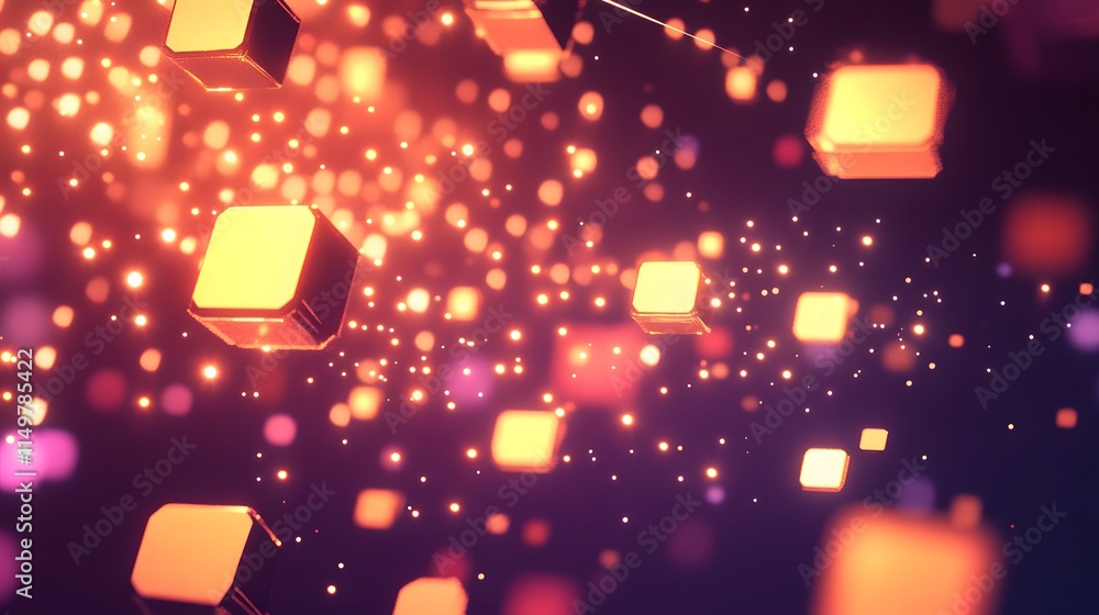 Poster dynamic abstract light cubes floating in a digital space creative visuals technology environment clo