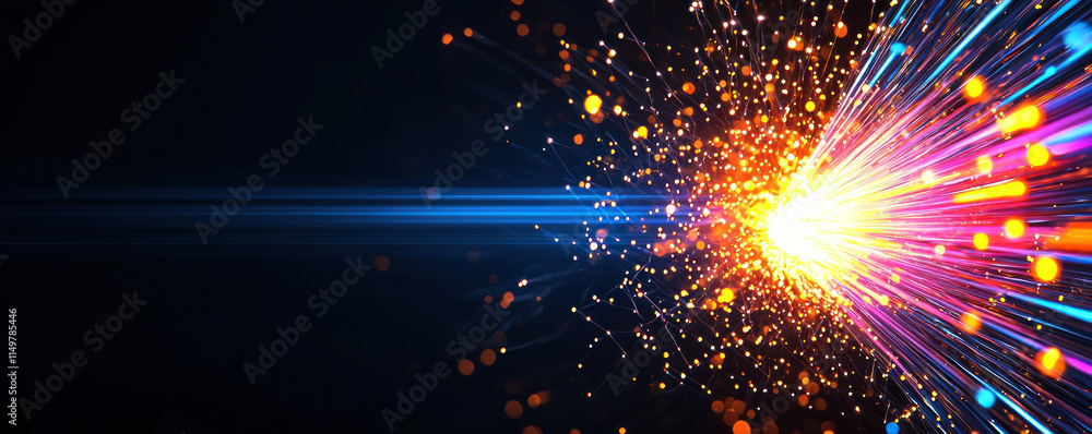 Poster colorful light pulses travel through dark space, creating vibrant display