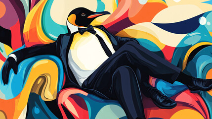 A dapper penguin in formal attire, lounging on a stylish couch, with bright, swirling shapes symbolizing adaptability and charm in a corporate setting. 