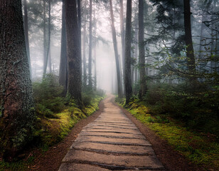 Obraz premium A weathered pathway split into two in a misty forest, representing mysterious choices ahead.