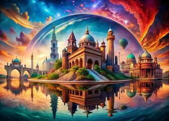 Obraz premium Surreal VR Landscape: Digital Collage of Iconic Landmarks & Imaginative Worlds