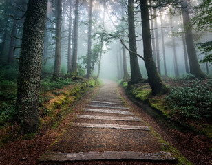 A weathered pathway split into two in a misty forest, representing mysterious choices ahead.